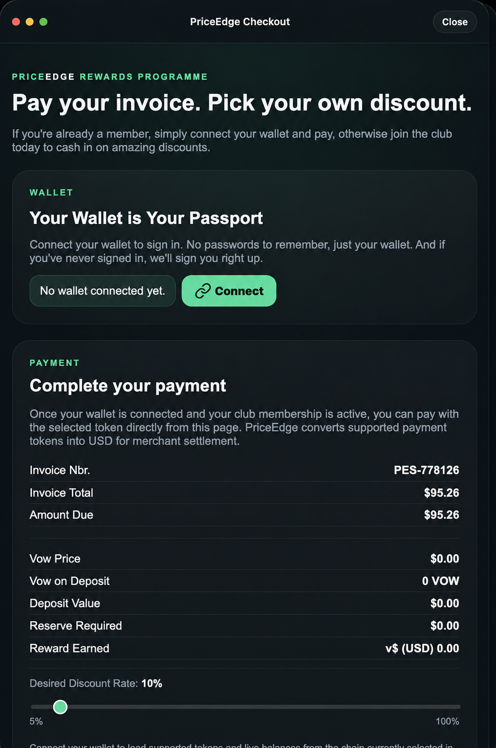 PriceEdge checkout preview showing a connected wallet and payment summary